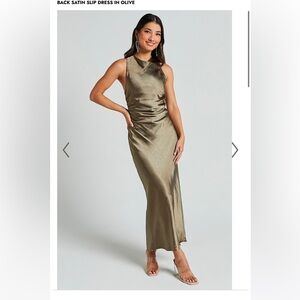 Showpo - ALUNA MIDI DRESS - HIGH NECK CROSS BACK SATIN SLIP DRESS IN OLIVE